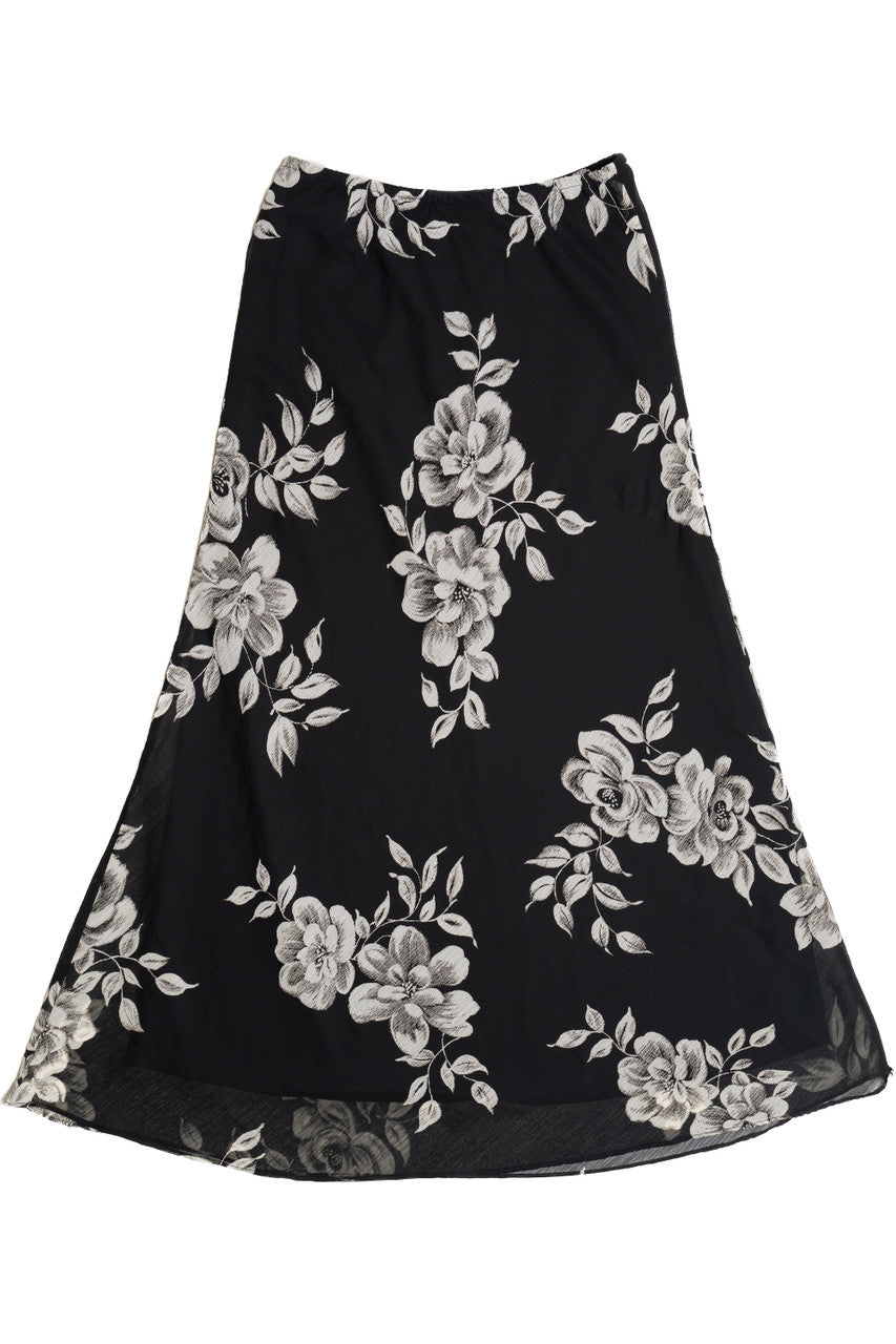 Vintage Floral Sheer Panel Lined Elastic Waist Maxi Skirt (1990s)
