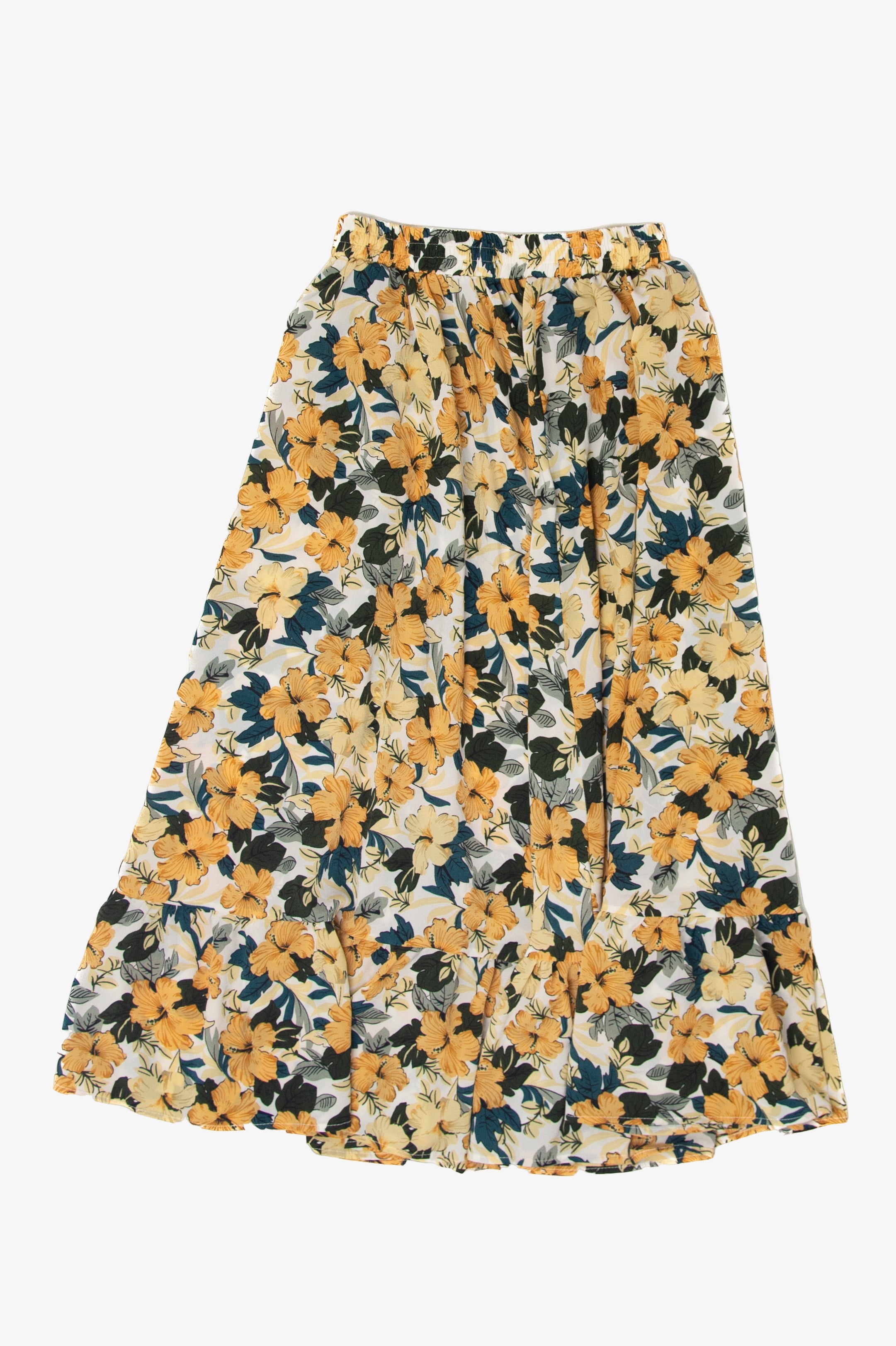 Vintage Yellow Floral Elastic Waist Skirt (1990s)