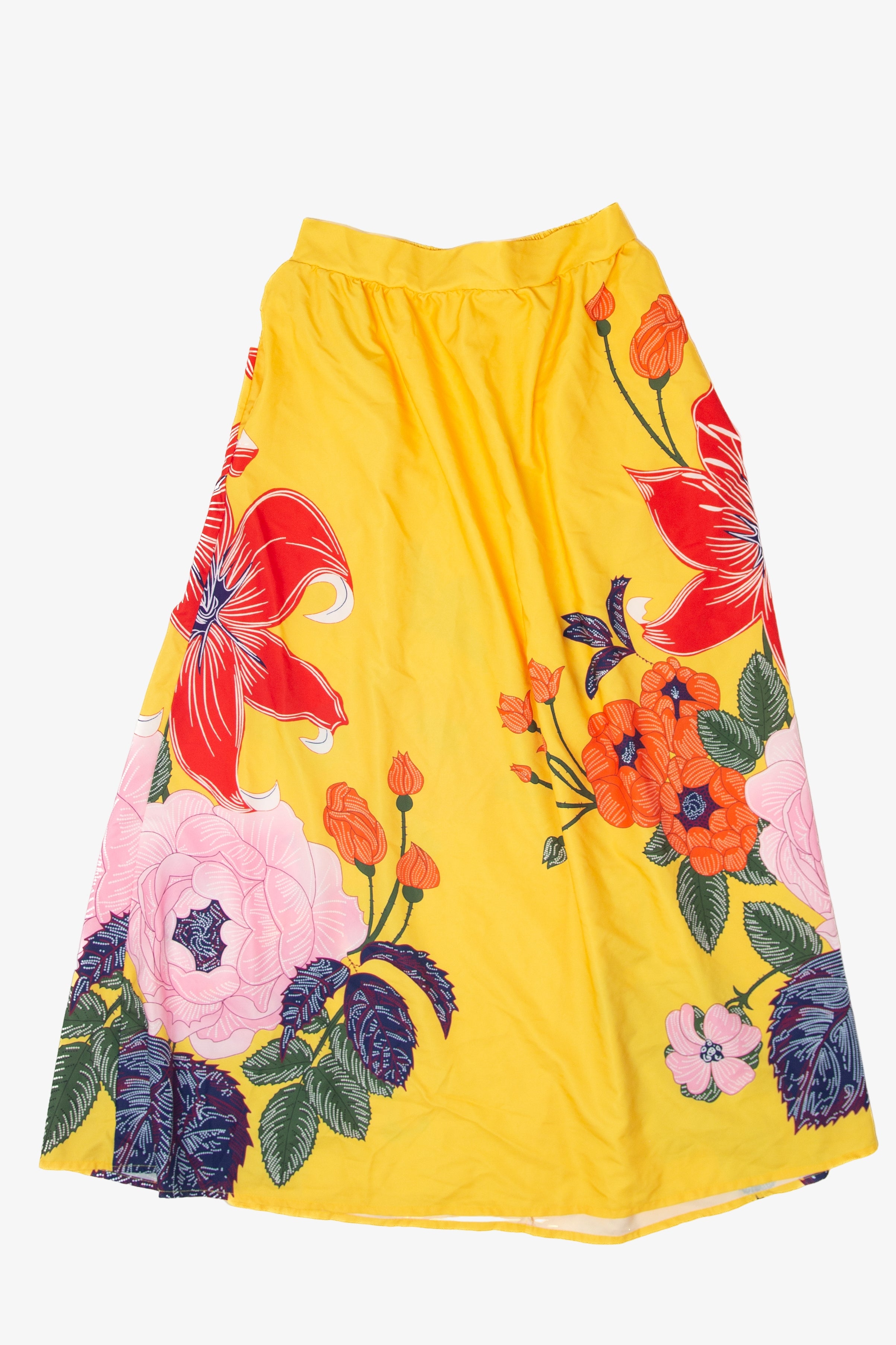 Vintage Yellow Floral Maxi Elastic Waist Skirt (1990s)