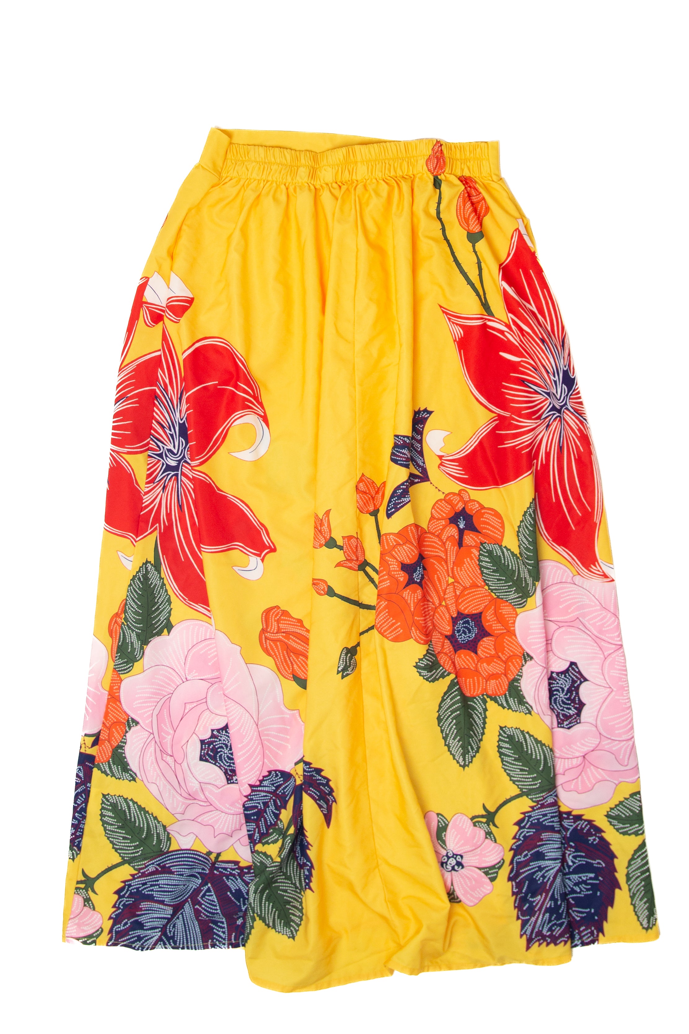 Vintage Yellow Floral Maxi Elastic Waist Skirt (1990s)