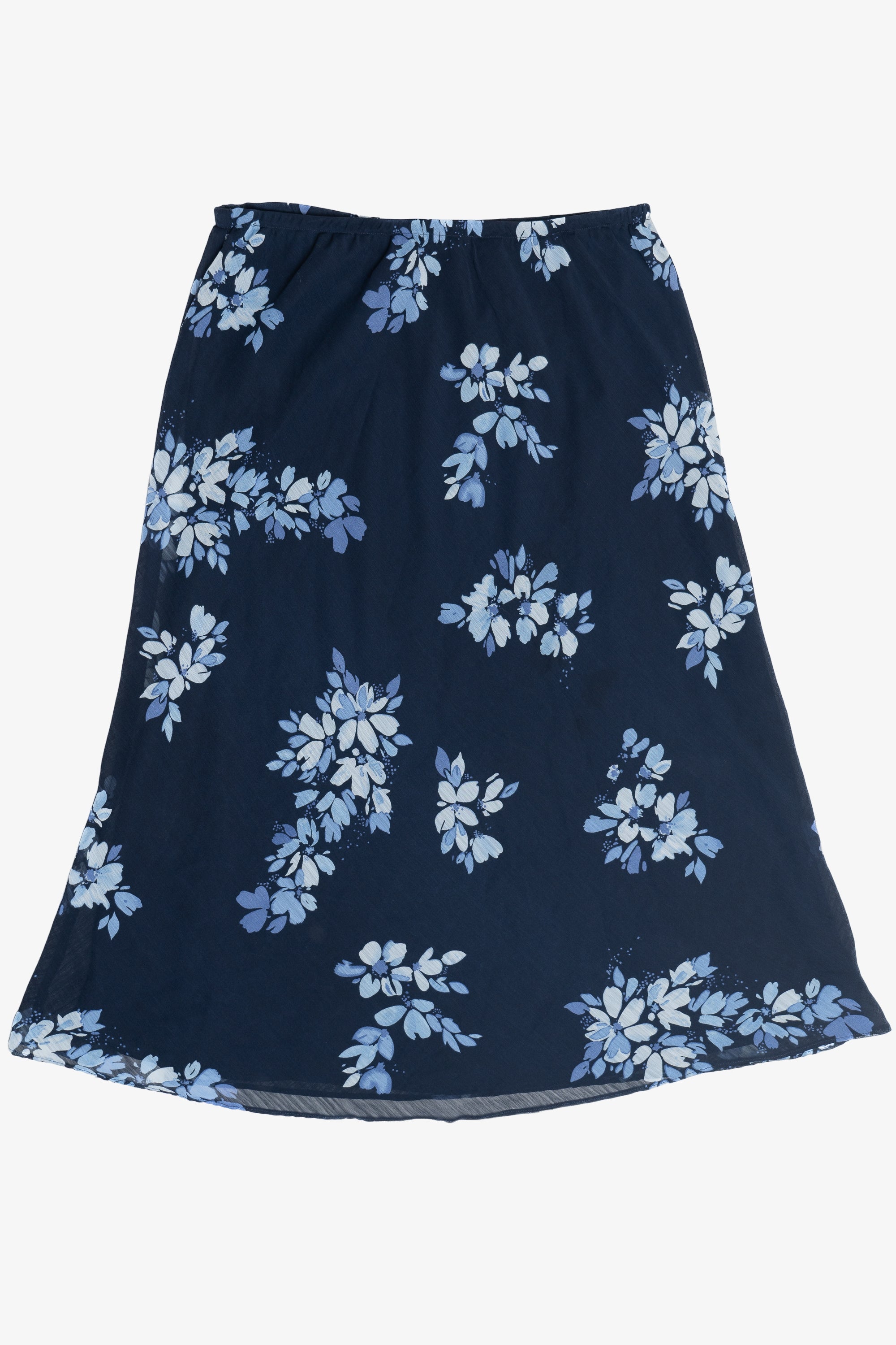 Vintage Navy Baby Blue Floral Lined Elastic Waist Skirt (2000s)