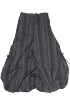 Gray pinstripe balloon skirt with adjustable ties by Polli Says, laid flat on white background
