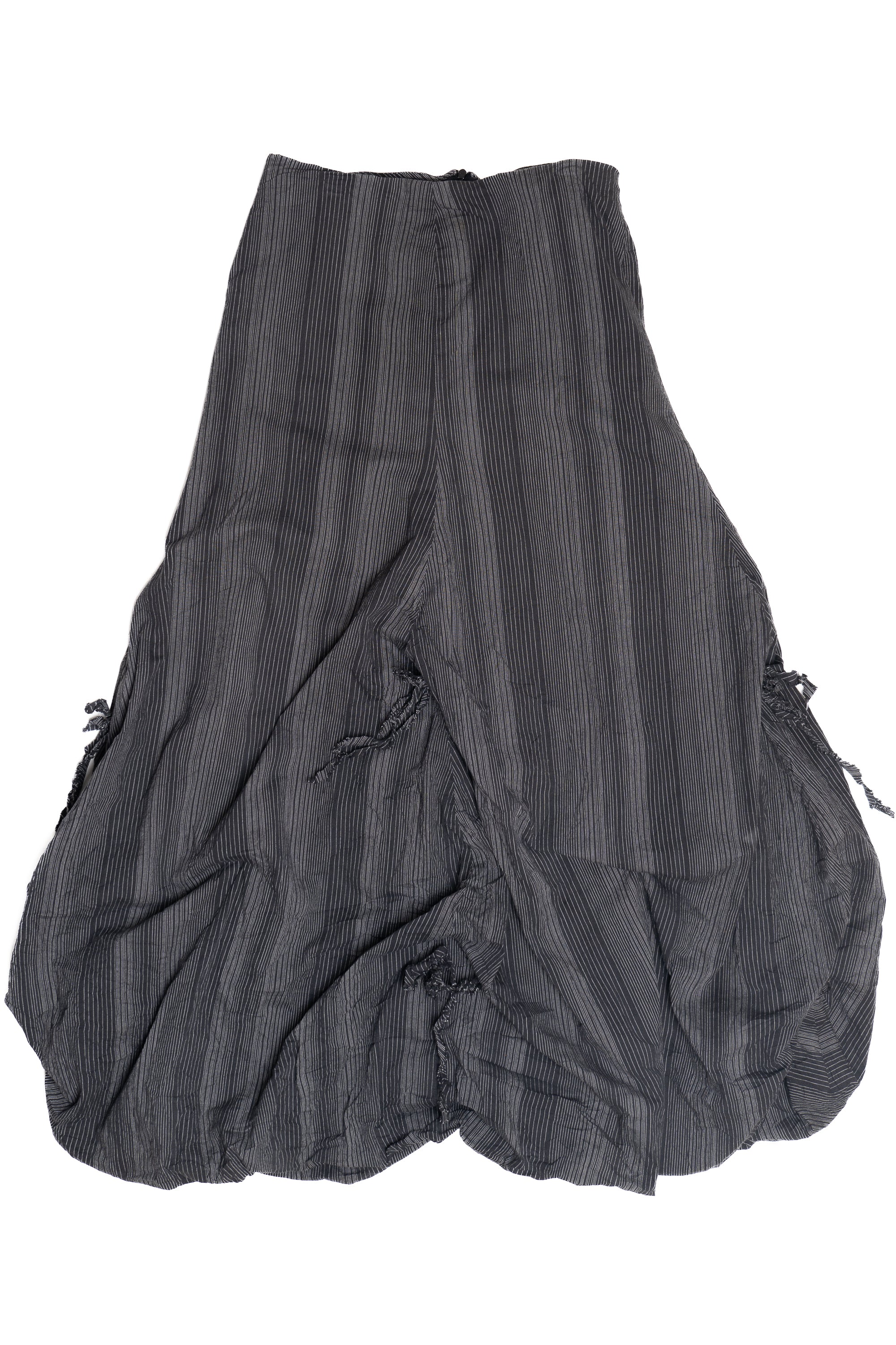 Gray pinstripe balloon skirt with adjustable ties by Polli Says, laid flat on white background