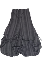 Black pinstripe balloon skirt with adjustable ties and pleated detailing for a unique silhouette
