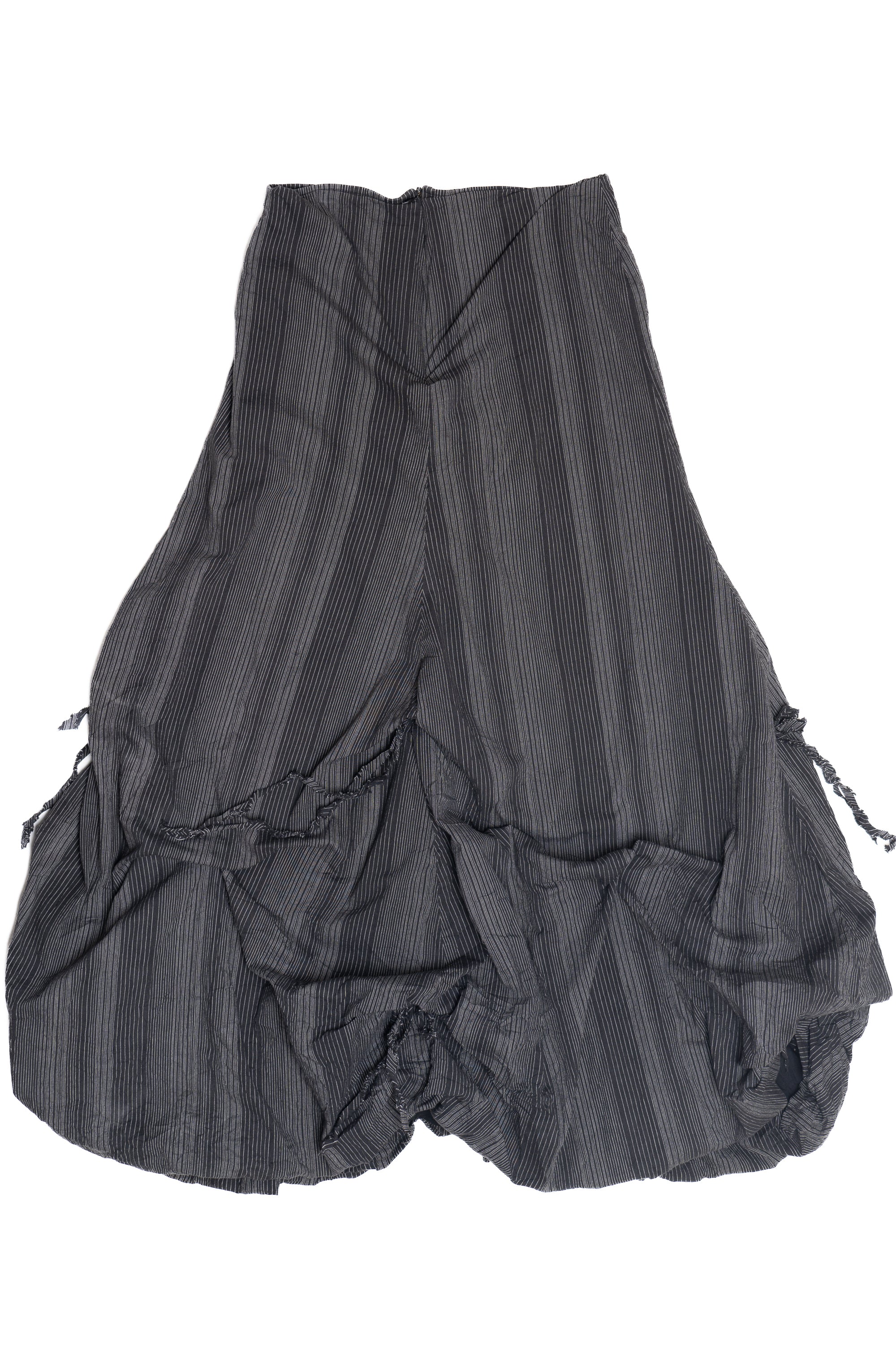 Black pinstripe balloon skirt with adjustable ties and pleated detailing for a unique silhouette