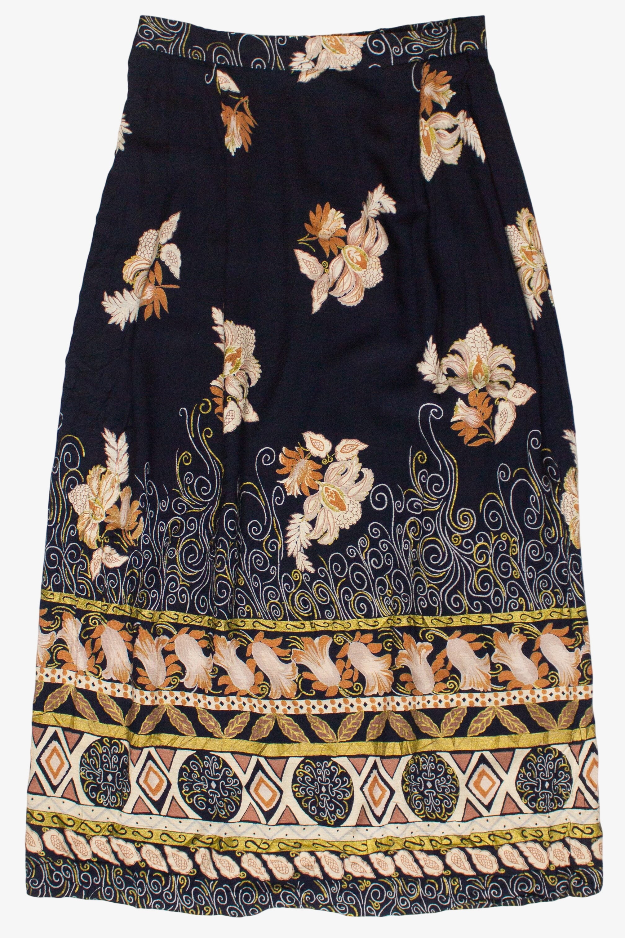 Vintage Black Cat Leaf Floral Border Print A-Line Skirt