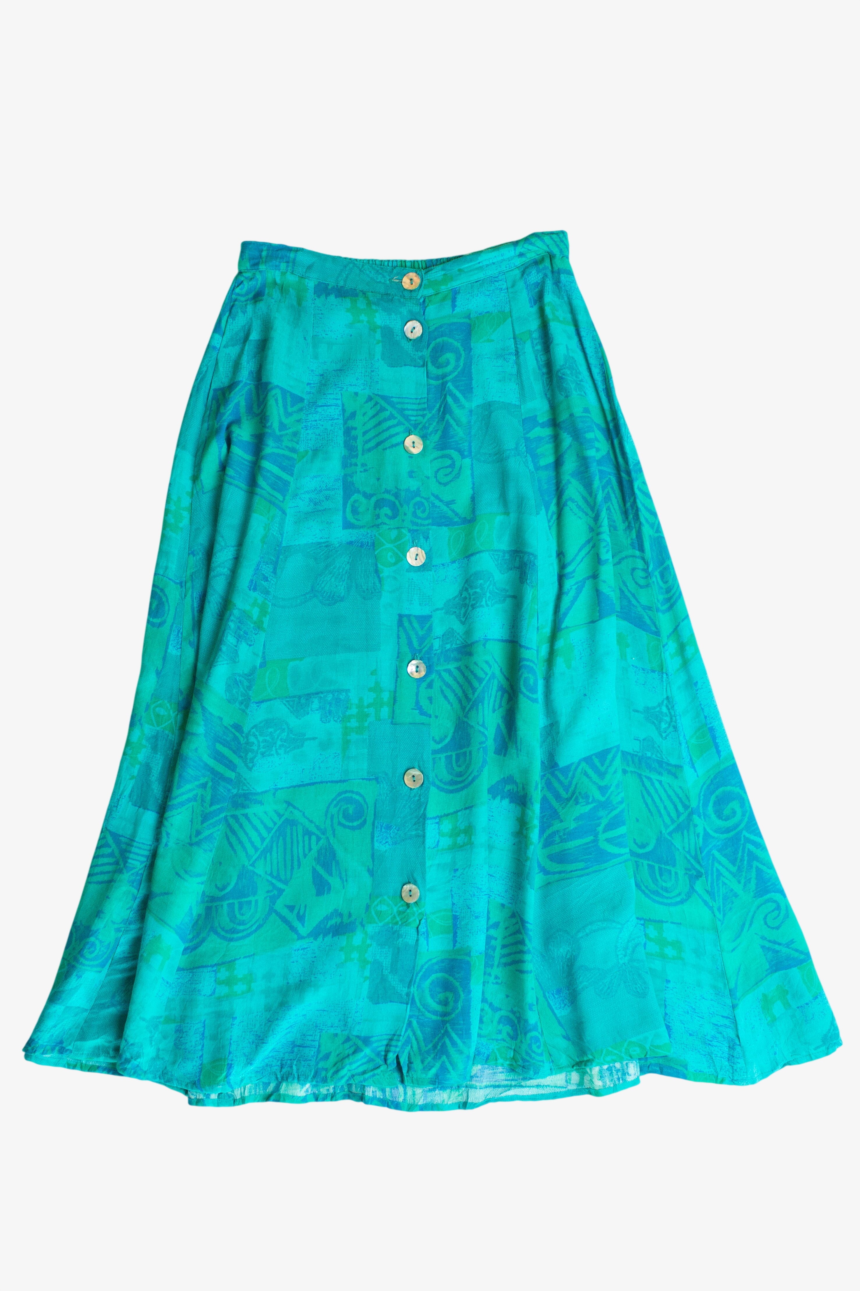 Vintage Aqua Abstract Button Front Skirt (1990s)