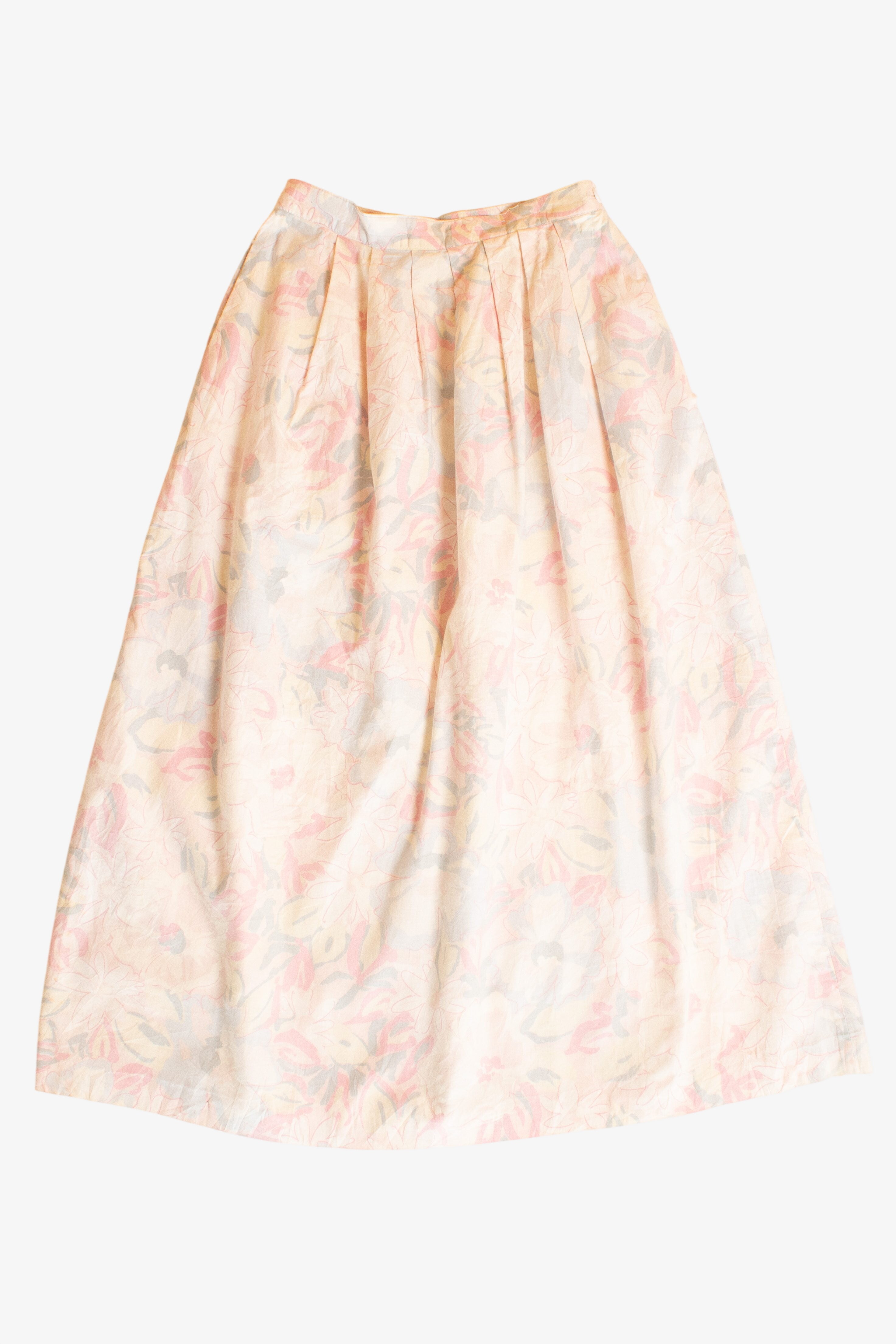 Vintage Pastel Floral Pleated Midi Skirt (1980s)