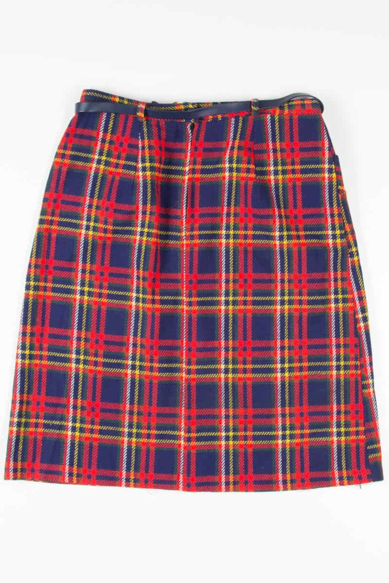 Vintage Navy Plaid Belted Midi Skirt