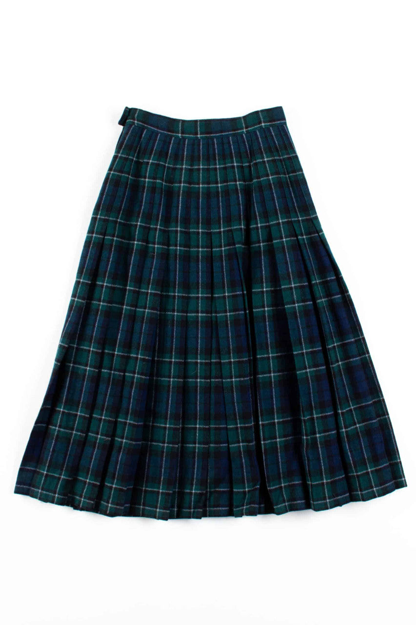 Green Plaid Pleated Wool Skirt