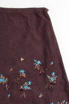 Brown Embroidered Flower Corduroy Skirt