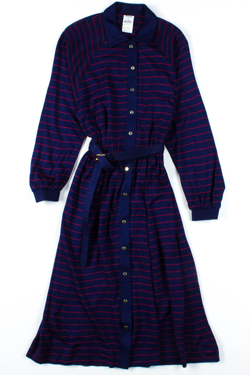 Navy Striped Button Up Dress