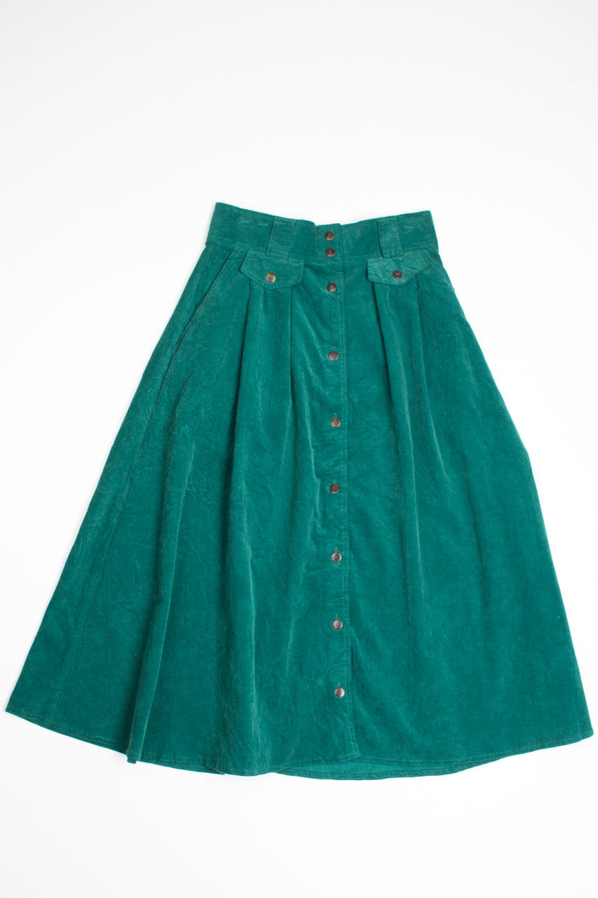 Green Button Front Corduroy Skirt