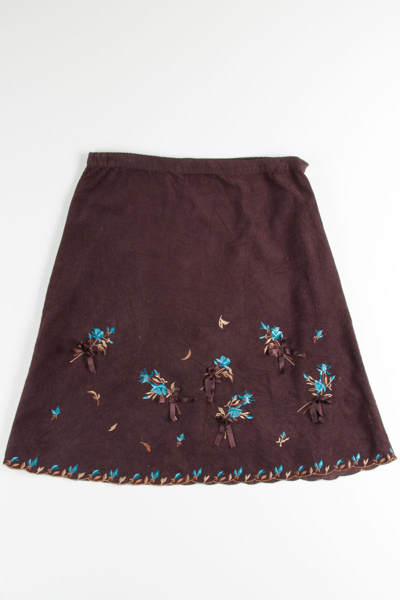 Brown Embroidered Flower Corduroy Skirt