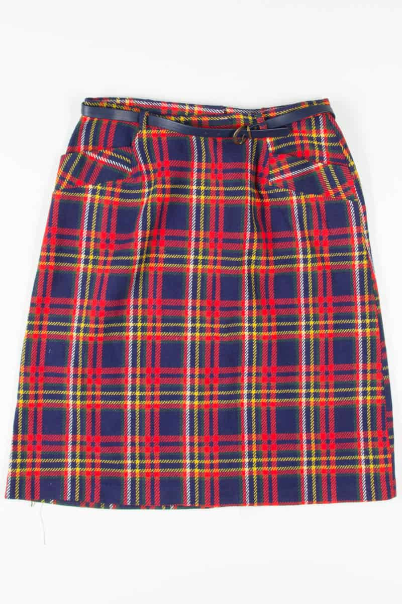 Vintage Navy Plaid Belted Midi Skirt