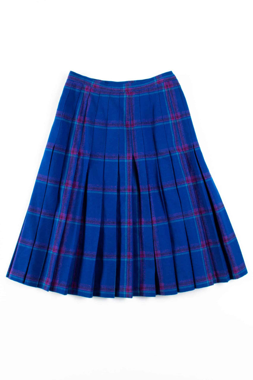Blue Plaid Pleated Wool Skirt