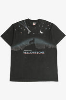 Vintage Distressed "The Stars Shine Brighter In Yellowstone" Howling Wolf Wraparound Print T-Shirt (1990s)