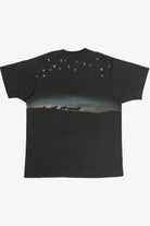Vintage Distressed "The Stars Shine Brighter In Yellowstone" Howling Wolf Wraparound Print T-Shirt (1990s)