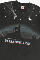 Vintage Distressed "The Stars Shine Brighter In Yellowstone" Howling Wolf Wraparound Print T-Shirt (1990s)