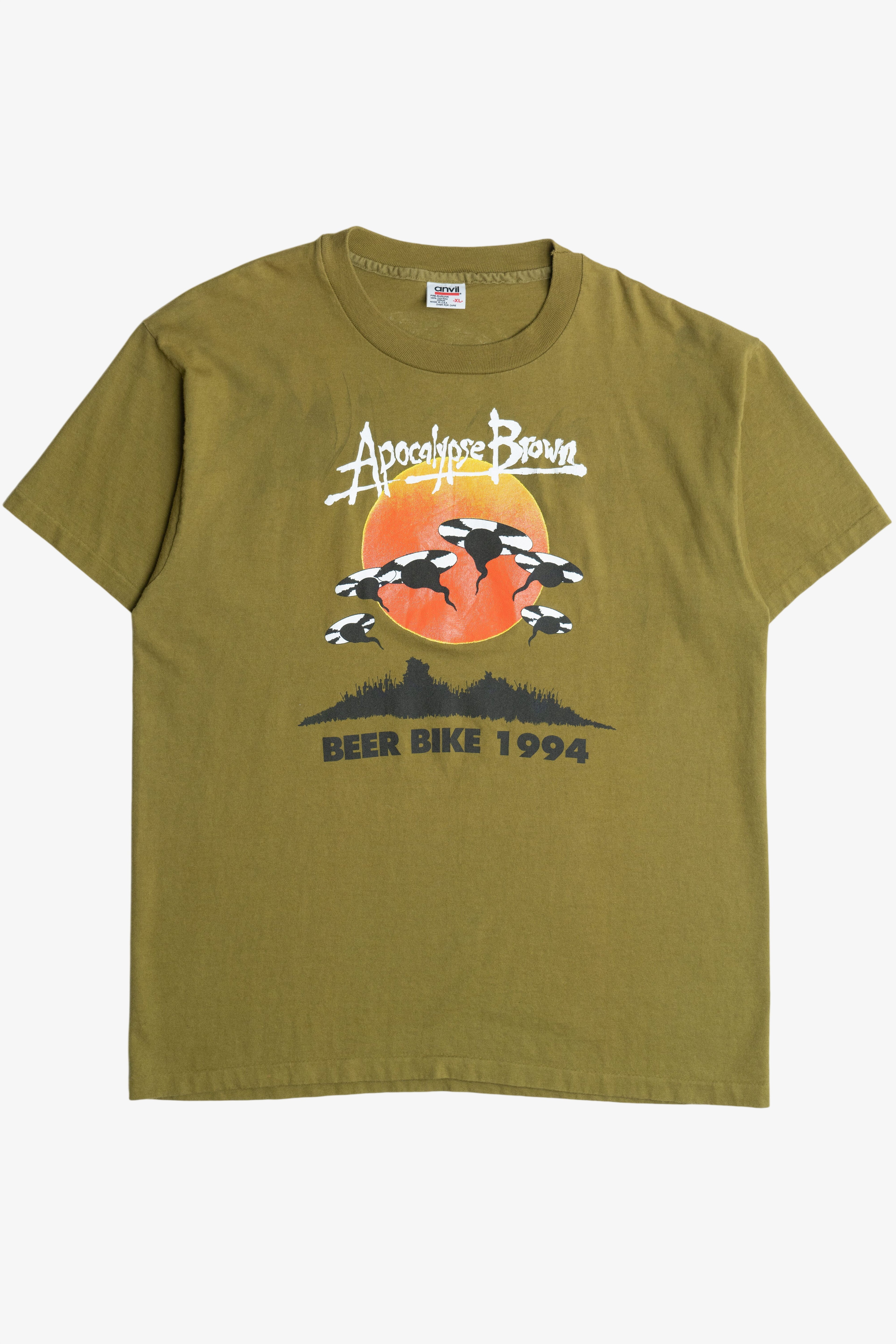 Vintage "Apocalypse Brown Beer Bike 1994" Parody Biking Souvenir T-Shirt (1990s)