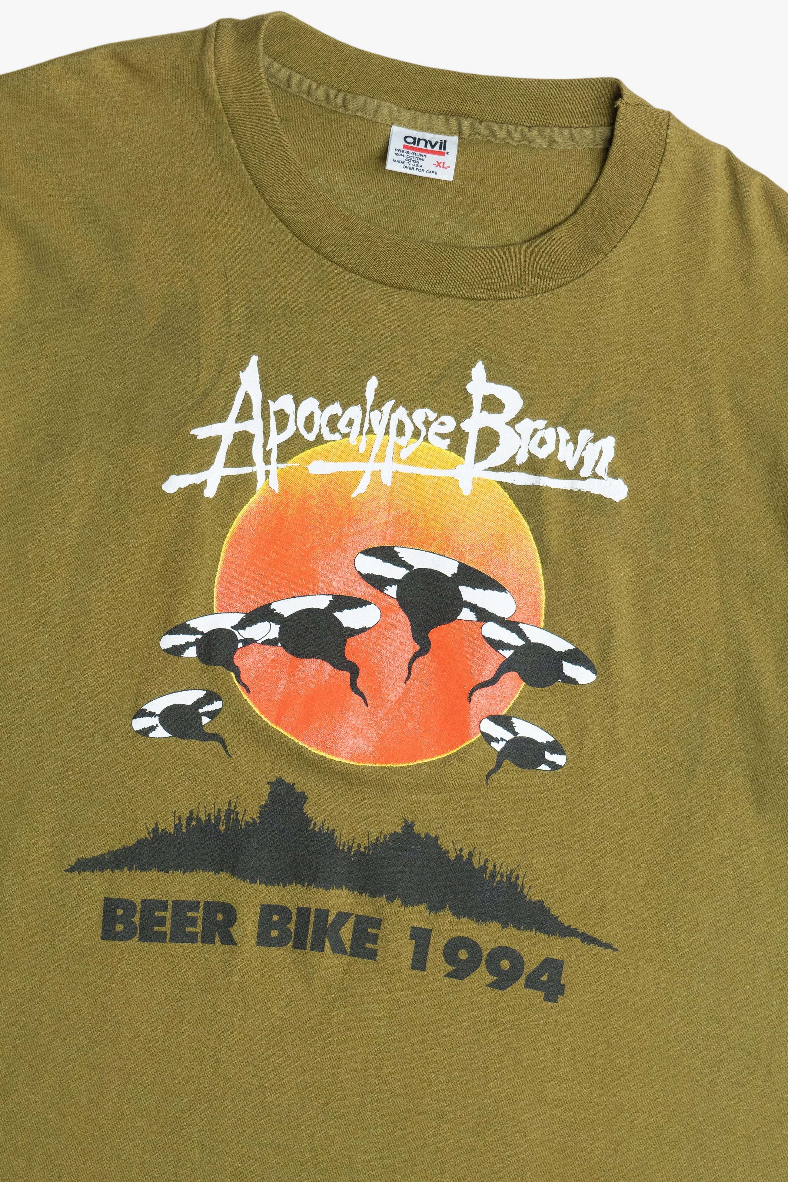 Vintage "Apocalypse Brown Beer Bike 1994" Parody Biking Souvenir T-Shirt (1990s)