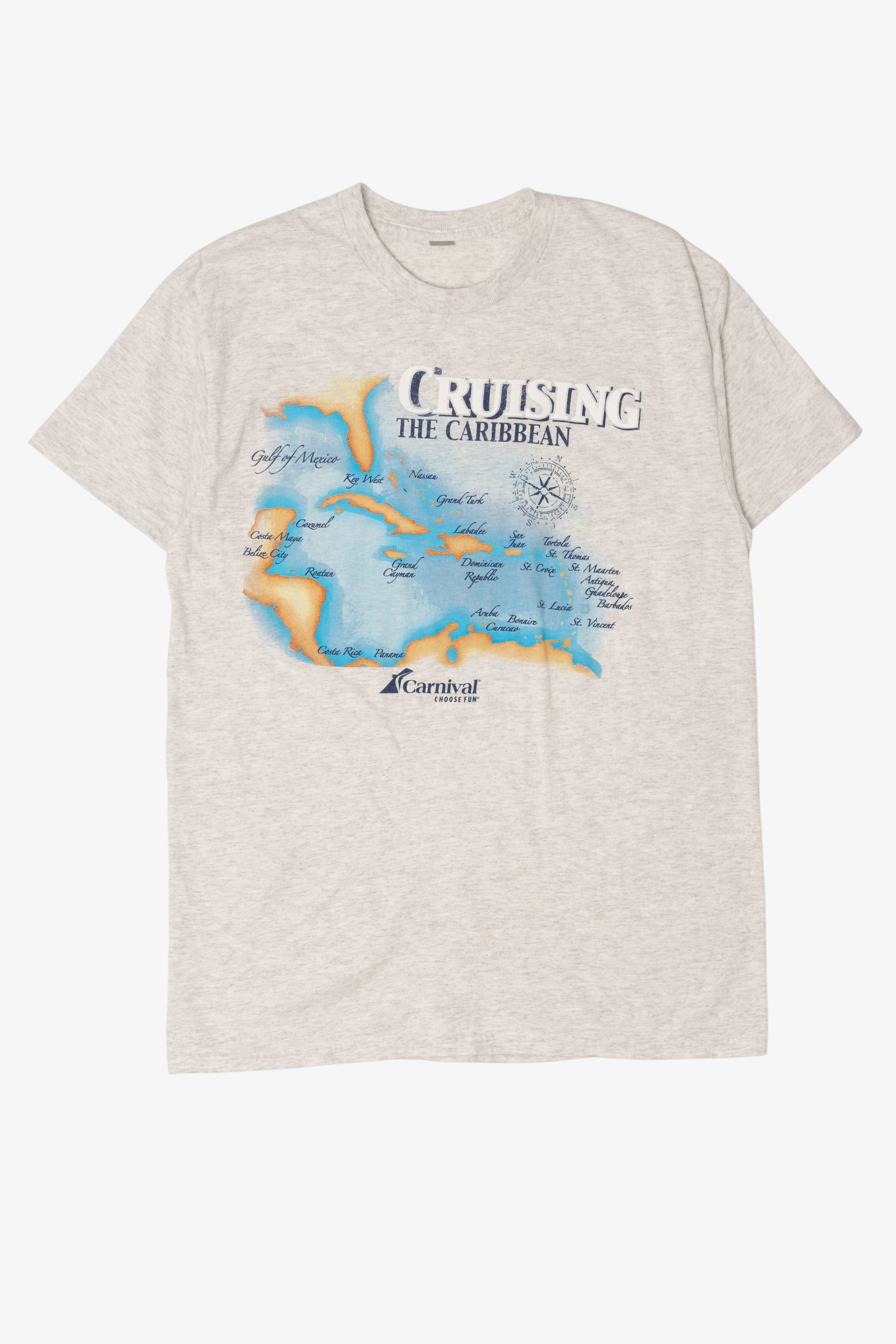 Vintage Light Gray "Cruising The Caribbean" Map T-Shirt (1990s)