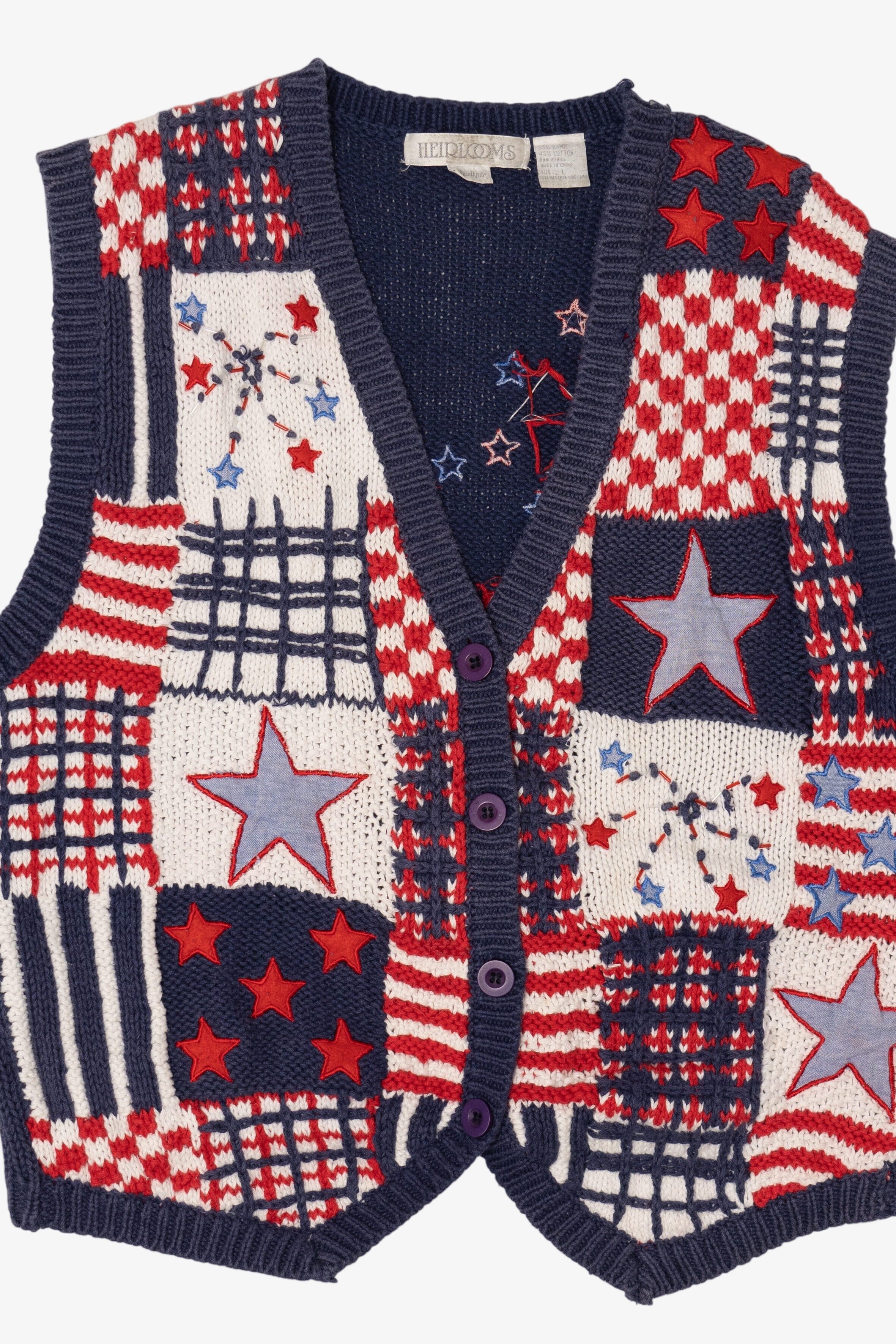 Vintage Hand Knit Red White And Blue America Stars Vest (1990s)