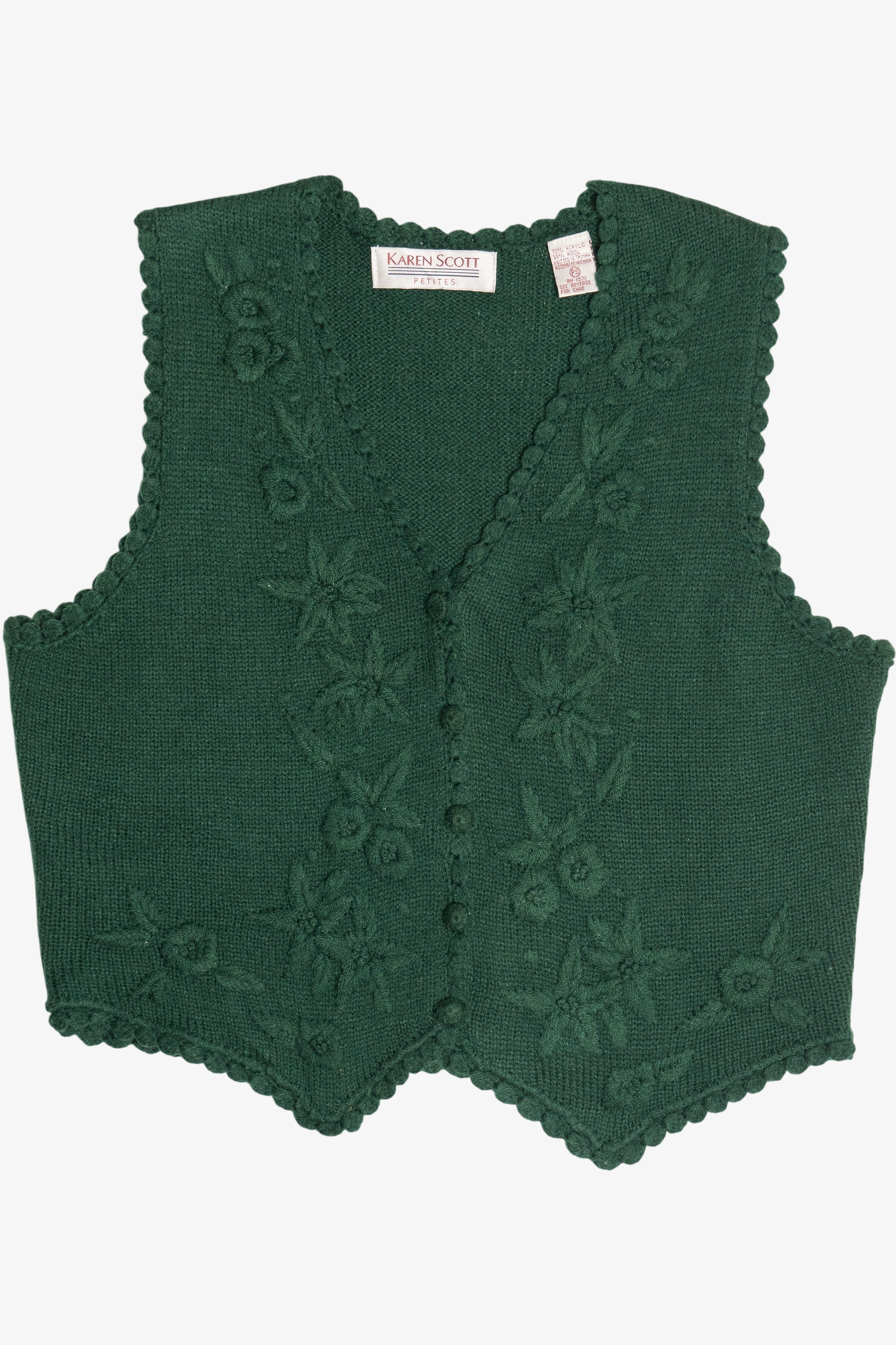 Vintage Dark Green Floral Knit Sweater Vest (1980s)