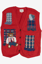 Vintage Susan Bristol Hand Embroidered Bear With Winter Scarves Button Up Vest (1990s)