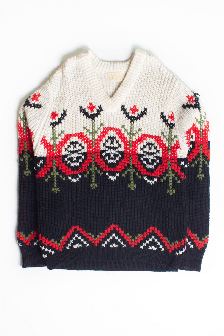 Vintage Floral V-Neck Sweater (1980s)