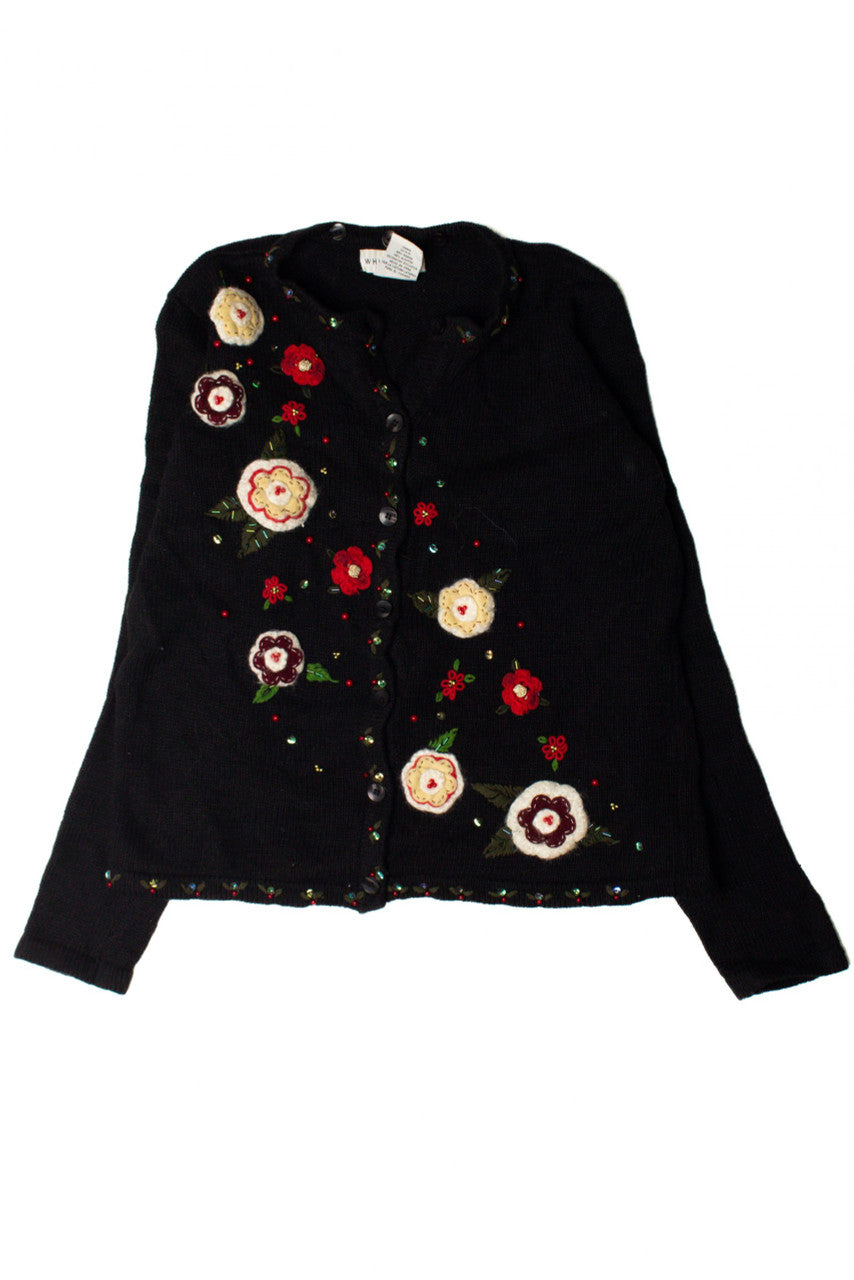 Beaded Flowers Black Sweater