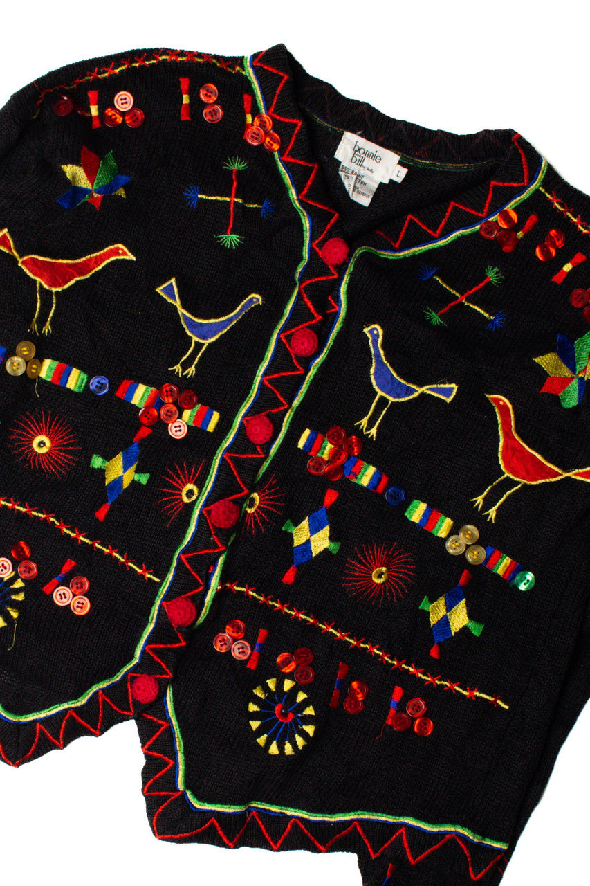 Beaded Birds & Buttons Sweater