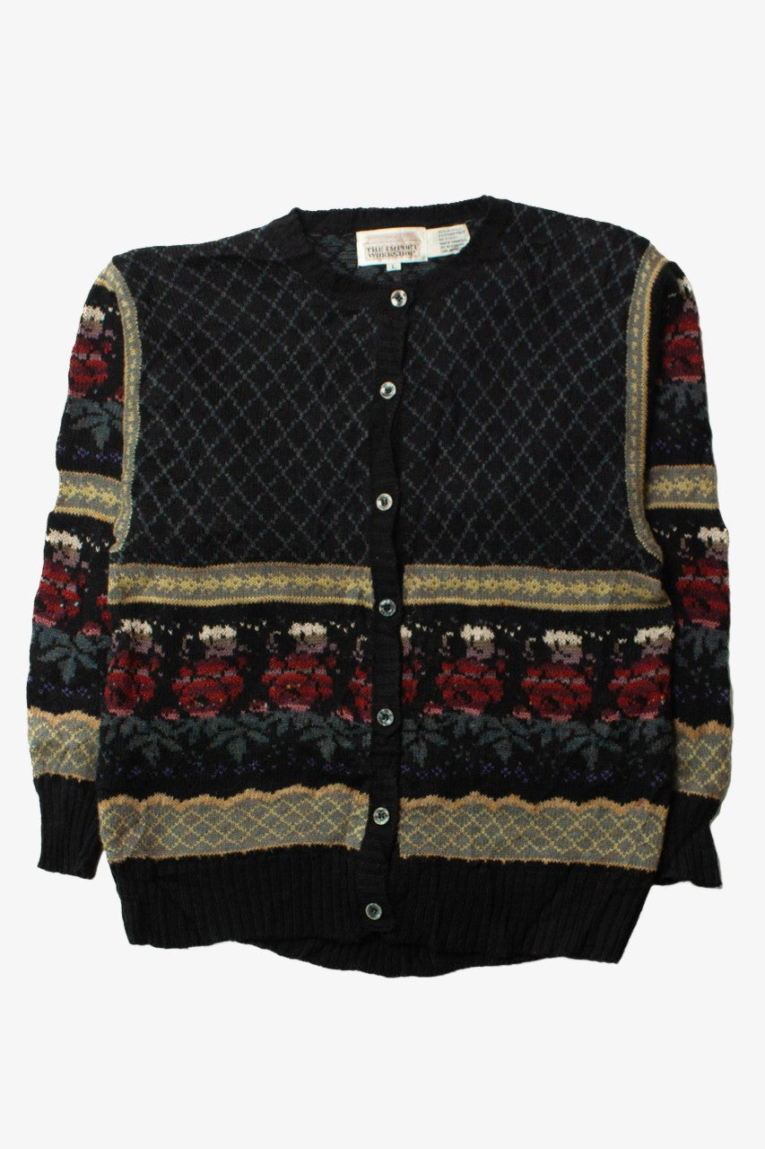 Vintage Black Floral Pattern Cardigan Sweater (1990s)