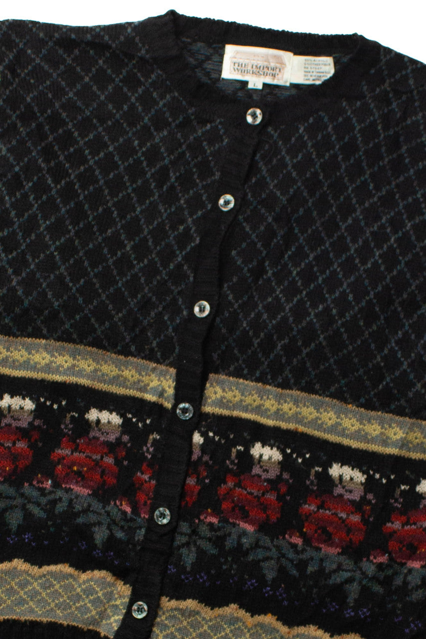 Vintage Black Floral Pattern Cardigan Sweater (1990s)