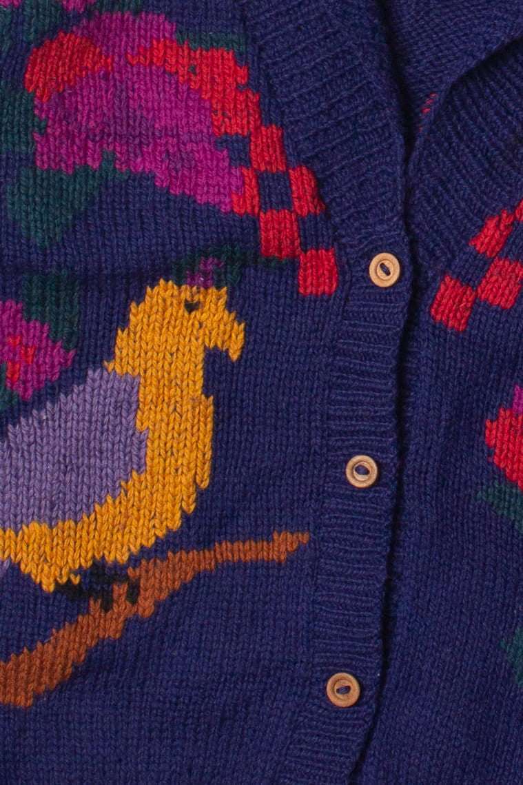 Vintage Hand Knit Bird Pattern Cowl Neck Sweater