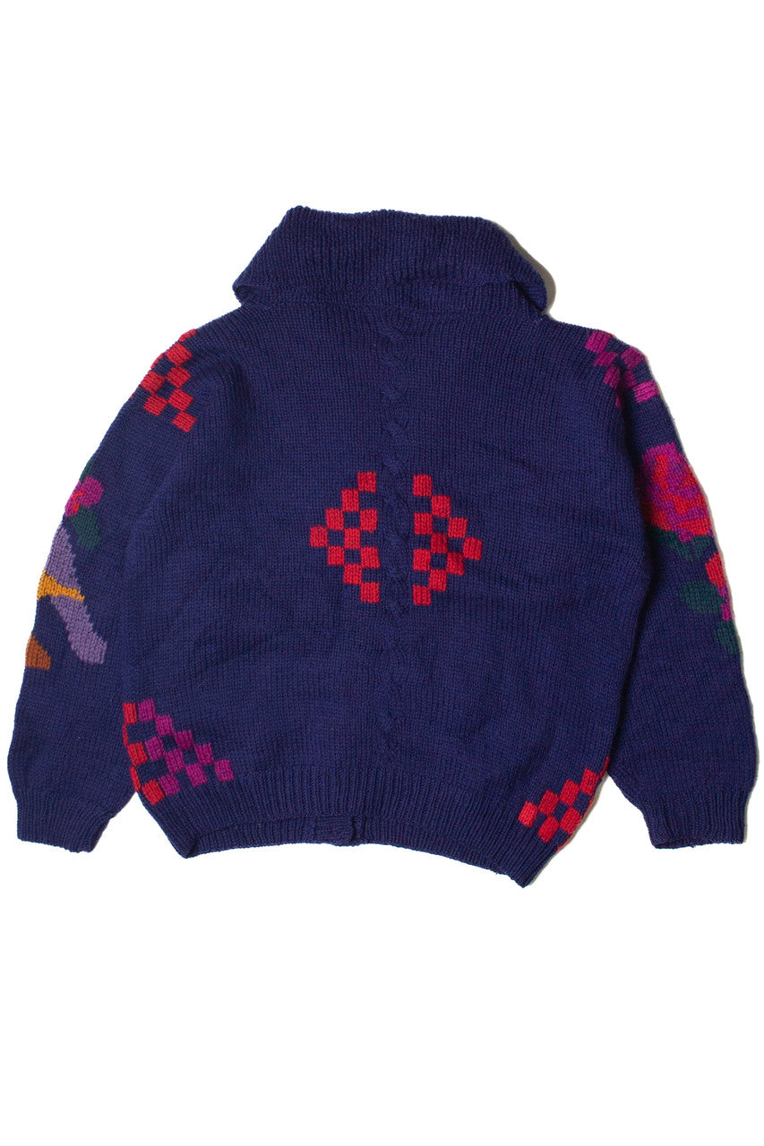 Vintage Hand Knit Bird Pattern Cowl Neck Sweater