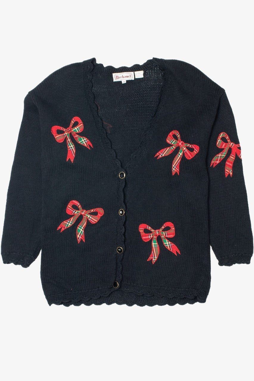 Vintage Red Plaid Bow Applique Cardigan Sweater