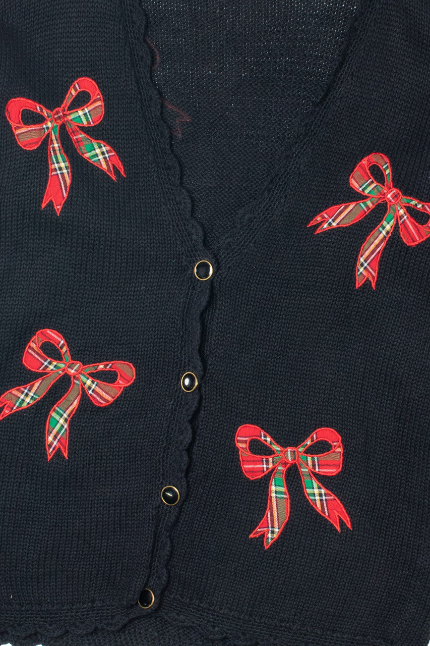 Vintage Red Plaid Bow Applique Cardigan Sweater
