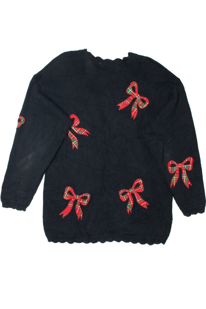 Vintage Red Plaid Bow Applique Cardigan Sweater