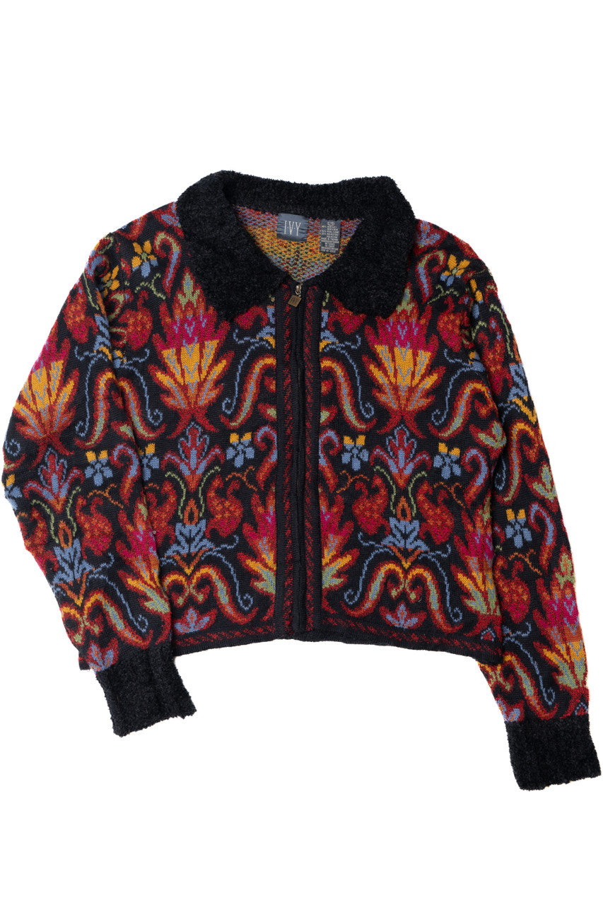 Vintage Psychedelic Floral Zip-Up Sweater