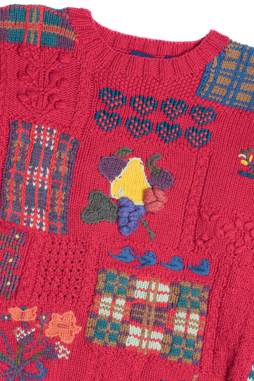 Vintage Cottagecore Embroidered Knit Patchwork Gap Sweater (1990s)