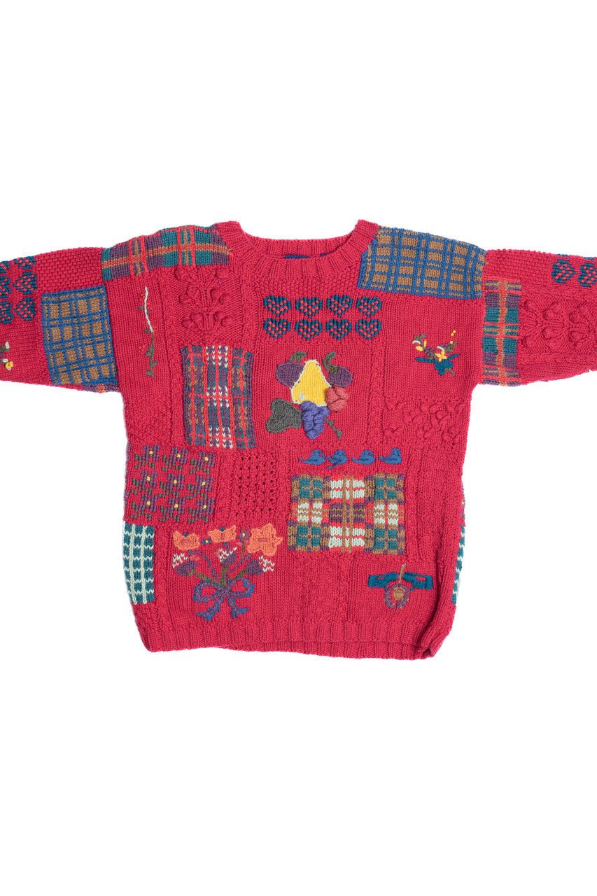Vintage Cottagecore Embroidered Knit Patchwork Gap Sweater (1990s)