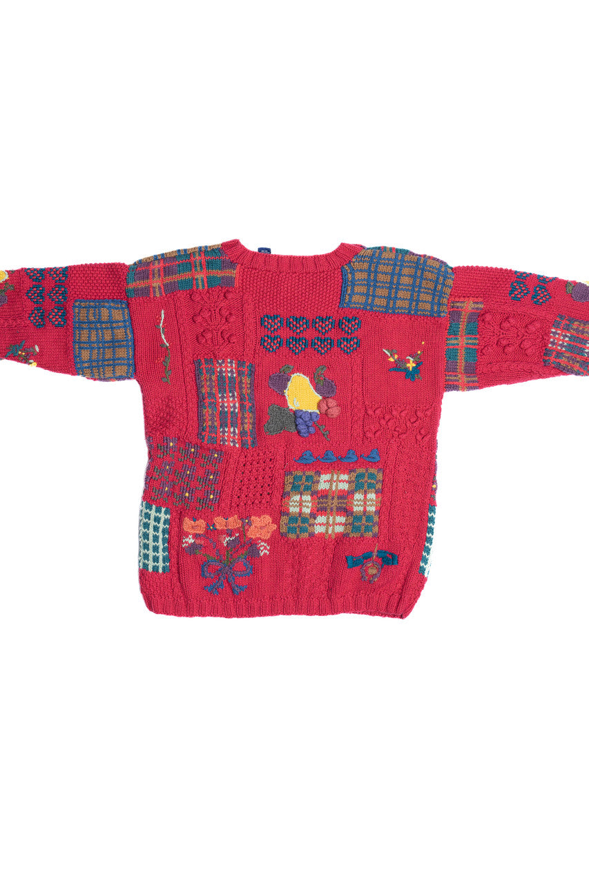 Vintage Cottagecore Embroidered Knit Patchwork Gap Sweater (1990s)