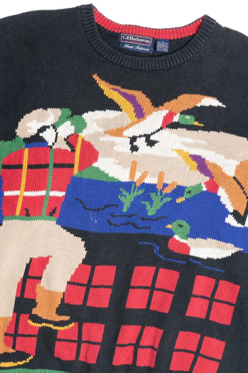 Vintage Duck Call Hand Knit Intarsia Hathaway Sweater