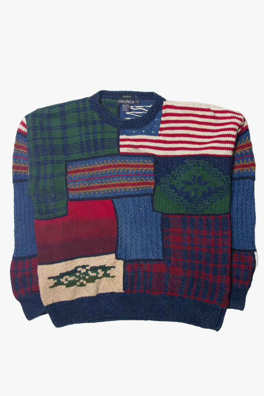 Vintage  Nautica Multicolor Block USA Flag Handknit Sweater