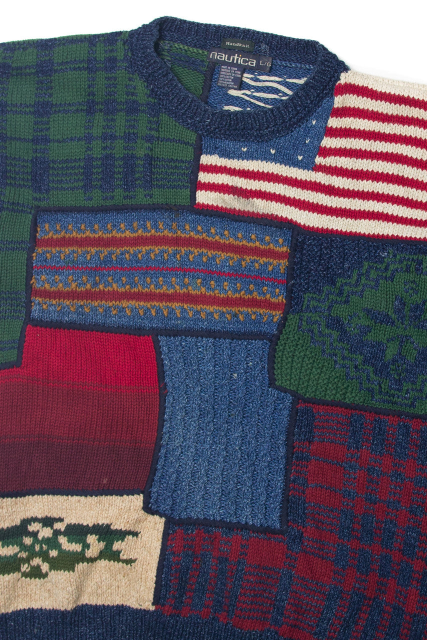 Vintage  Nautica Multicolor Block USA Flag Handknit Sweater