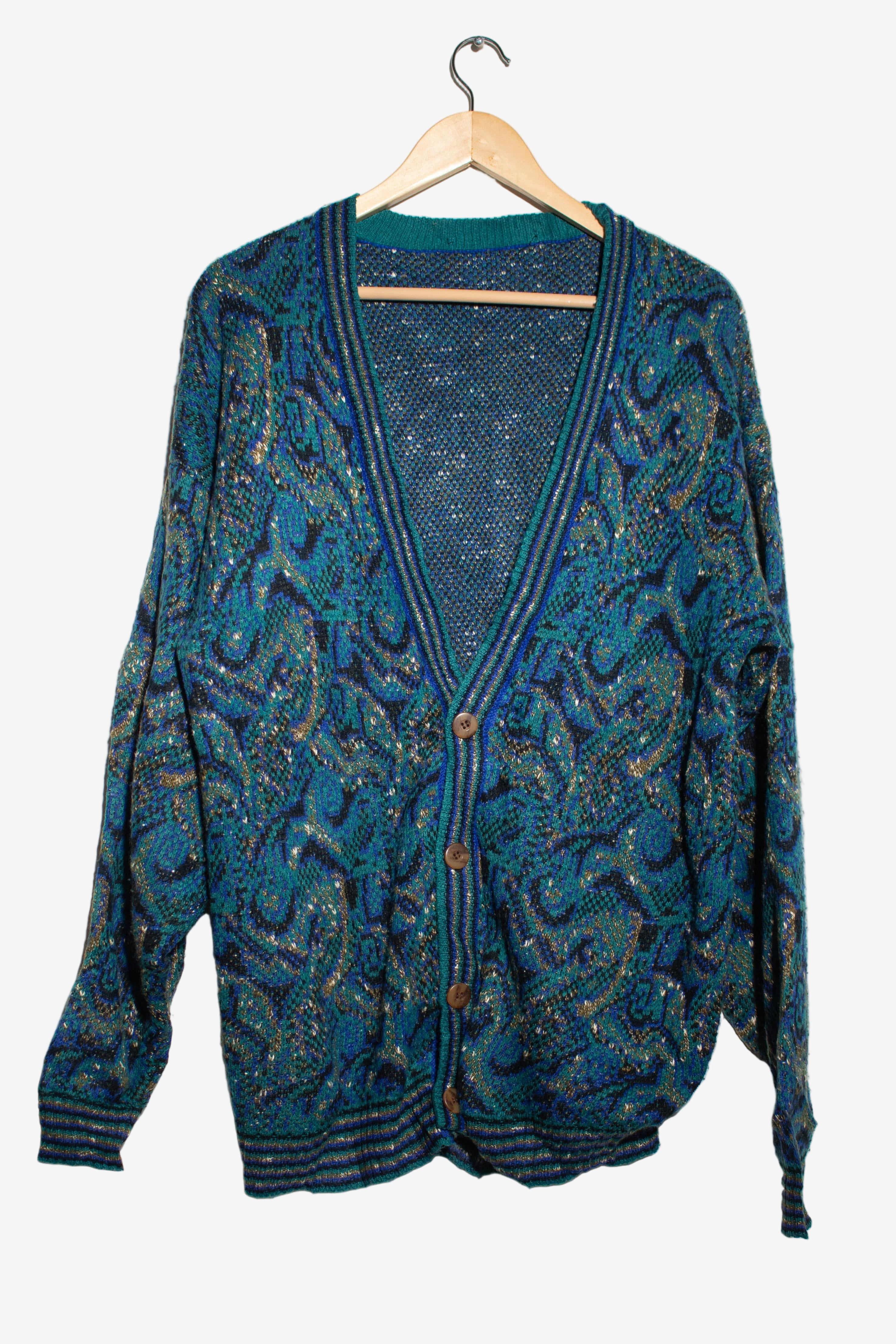 Vintage Aqua Swirls Cardigan Sweater (1980s)