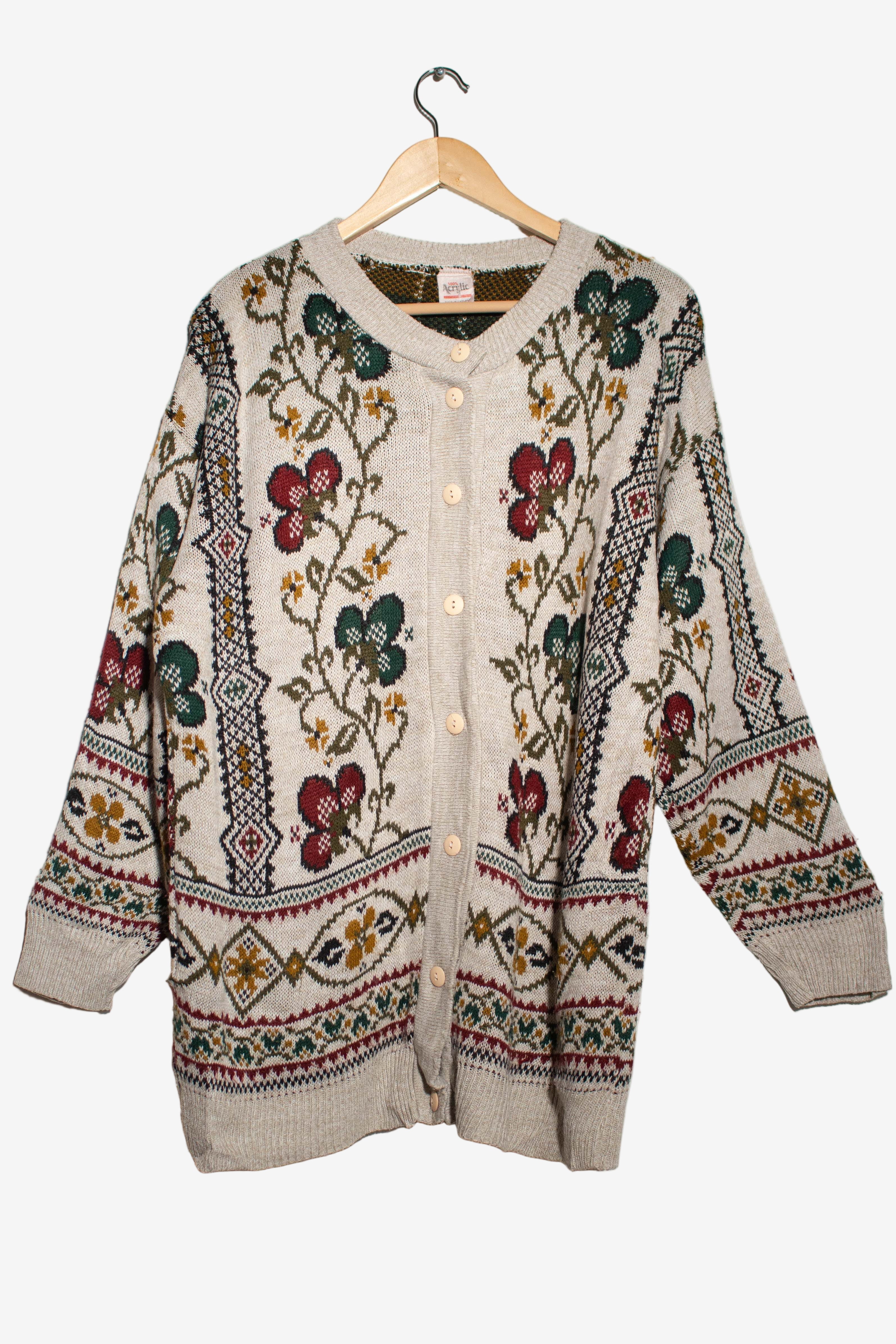 Vintage Gray Floral Cardigan Sweater (1980s)