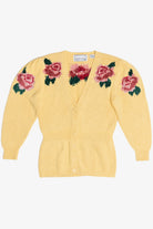 Vintage Chenille Rose Detail Butter Yellow Hand Knit Sweater (2000s)