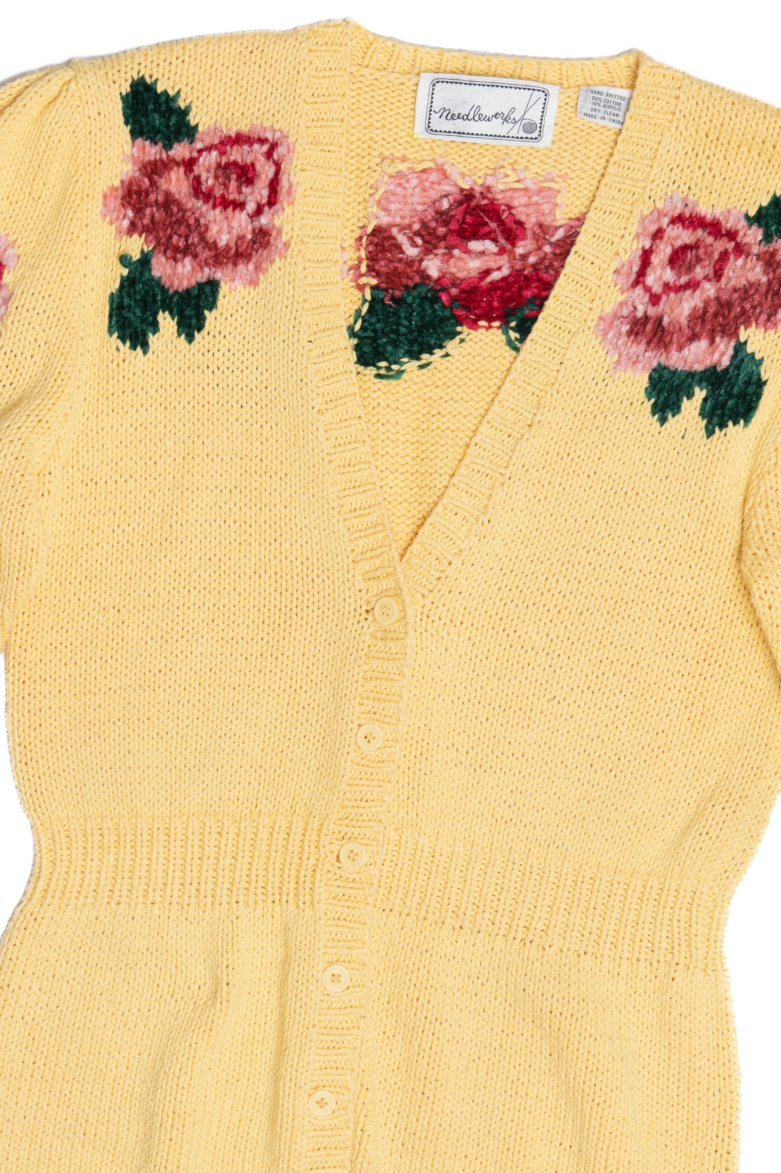 Vintage Chenille Rose Detail Butter Yellow Hand Knit Sweater (2000s)